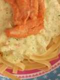 Brocolli and carrot cream with fetuccini and salmon