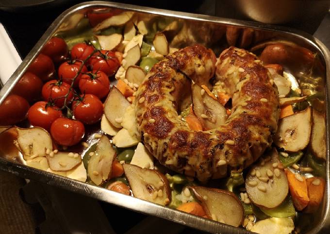Swedish falukorv (sausage) in oven with roasted vegetable & pear