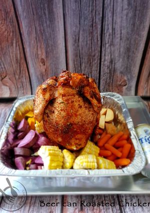 A picture of Beer Can Roasted Chicken.