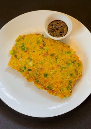 A picture of Korean style Pumpkin Pancake or Danhobag Jeon.