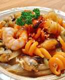 Nui Xoắn Xào Thịt Trai (Vẹm Đen), Tôm & Cọng Cải Trắng