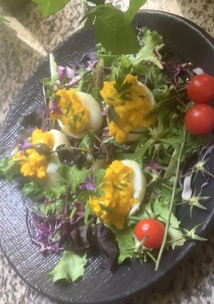 Une photo de 🥄🍋🍃Œufs🥚mimosas 🍽️🧉🍯sur lit de salade 🥗