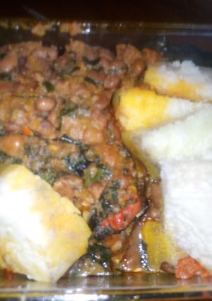 A picture of Beans and yam with fish.