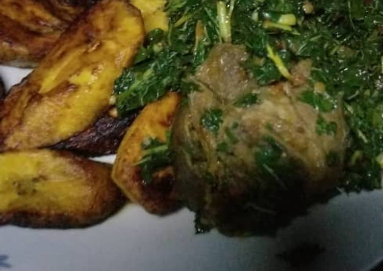 Plantain with Vegetable sauce and goat meat