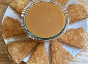 A picture of Brown Sugar and Cinnamon Tortilla Chips with Caramel Sauce.