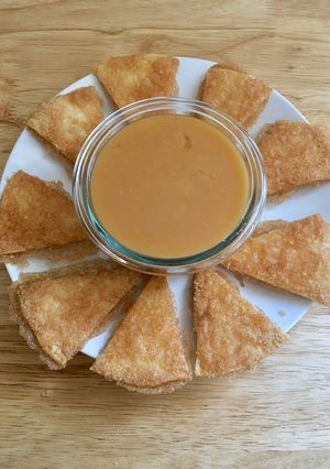 A picture of Brown Sugar and Cinnamon Tortilla Chips with Caramel Sauce.