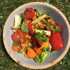A picture of Roasted vegetable and chickpea salad.