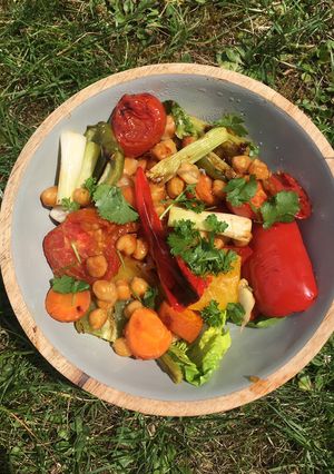 A picture of Roasted vegetable and chickpea salad.