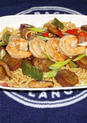 A picture of Shrimp with Shiitake Mushrooms, Chinese Eggplant, and Chinese Noodles.
