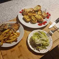 A picture of Fried potatoes with chicken leg and salad night menu.