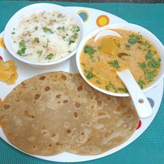 Heirloom Traditional Thali ---- Dhokli Nu Shake, Jaggery, Bhakri, & Chaas A picture of Heirloom Traditional Thali ---- Dhokli Nu Shake, Jaggery, Bhakri, & Chaas.
