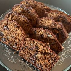 A picture of Banana nut bread with chocolate chips.