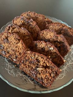 A picture of Banana nut bread with chocolate chips.