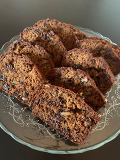 A picture of Banana nut bread with chocolate chips.
