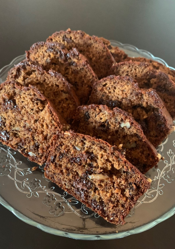 A picture of Banana nut bread with chocolate chips.
