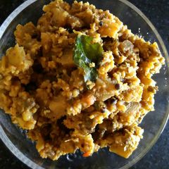 A picture of Banana stem and moong thoran (Kerala recipe).