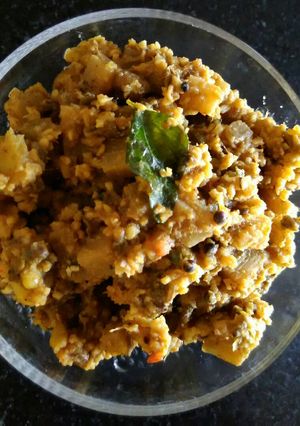 A picture of Banana stem and moong thoran (Kerala recipe).