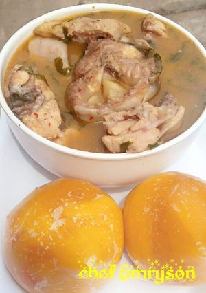 A picture of Nsala soup with chicken & cat fish.