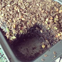 A picture of Eggless Coffee Chocolate cake with Nut Crumb.
