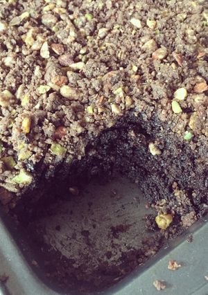 A picture of Eggless Coffee Chocolate cake with Nut Crumb.