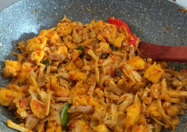 Resep @ENAK Ayam Suwir Pedas + Tahu resep masakan rumahan yummy app