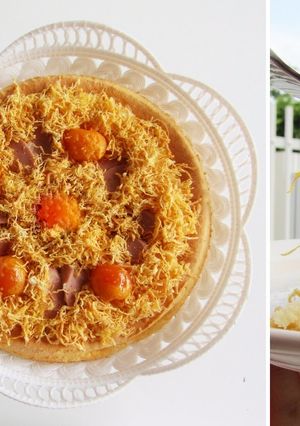 Hình của món Bông lan trứng muối và công thức cốt bánh bông lan bất bại.