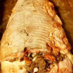 A picture of Stuffed, Baked Fish adapted from The Rumford cookbook-1934.