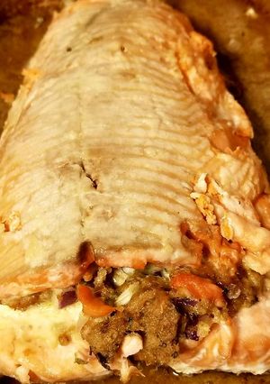 A picture of Stuffed, Baked Fish adapted from The Rumford cookbook-1934.