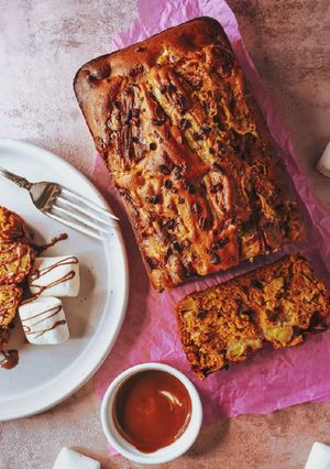 A picture of Banana & Pineapple Cake With Dark Chocolate Chunks (Vegan).