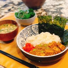 A picture of Deep-fried Tofu simmered with sweet soy sauce and plant-based ground meat.