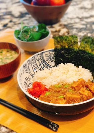 A picture of Deep-fried Tofu simmered with sweet soy sauce and plant-based ground meat.