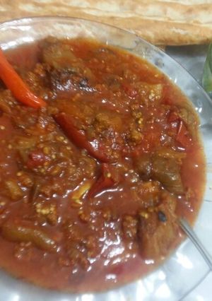 عکسی از دستور خوراک بادمجون سیب زمینی و گوشت چرخ کرده
