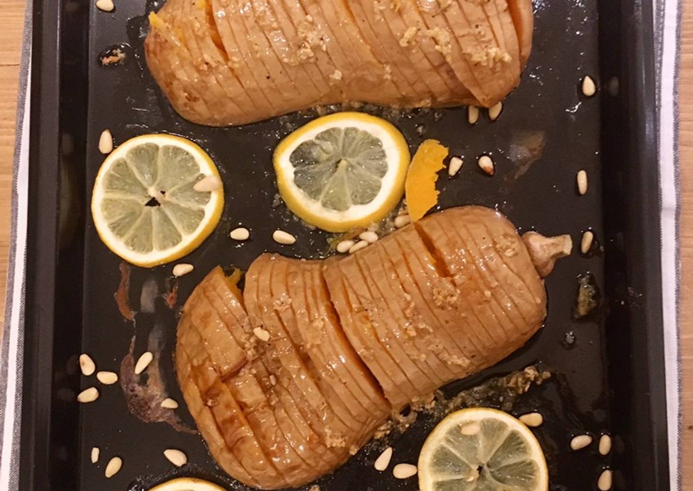Hasslebacked Squash with Lemon and Maple Syrup