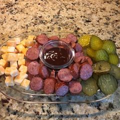 A picture of Sausage, Cheese, and Bread & Butter Pickles, Appetizer Tray.