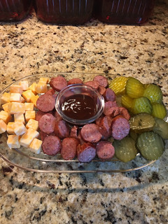 A picture of Sausage, Cheese, and Bread & Butter Pickles, Appetizer Tray.