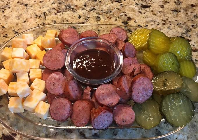 Steps to Make Any-night-of-the-week Sausage, Cheese, and Bread &amp; Butter Pickles, Appetizer Tray