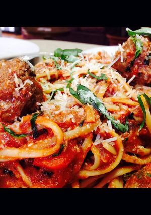 A picture of aven pasta meatballs.