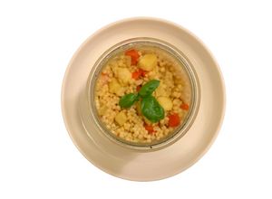 Foto di Couscous Perlato di Farro ai Peperoni, Gamberi e Patate
