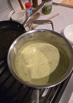 A picture of Pesto Cream Sauce and chicken. Pasta.