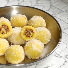 A picture of Coconut Ladoo with Gulkand Dry Fruits Filling !!.