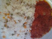 A picture of rice and mixed vegetables