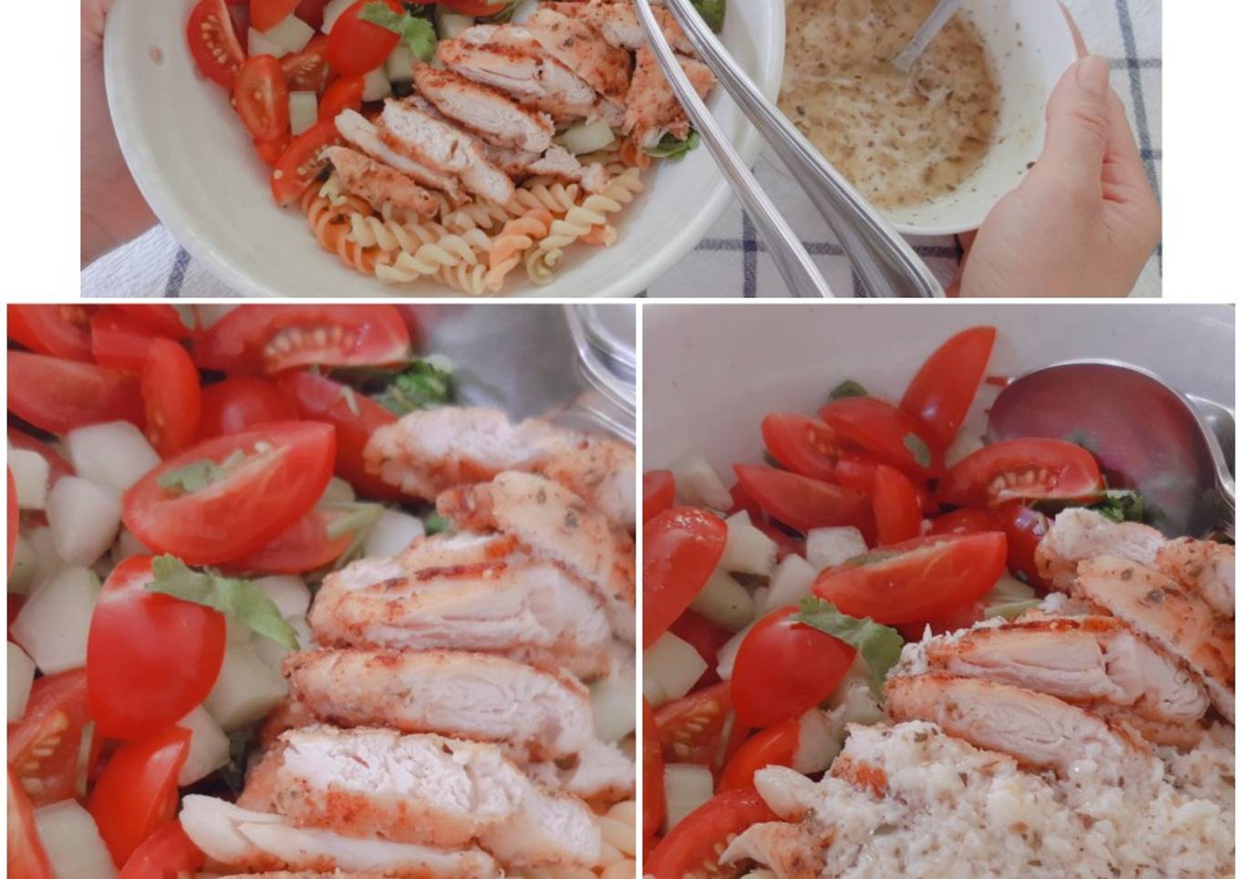 Pasta chicken salad with Italian dressing sauce