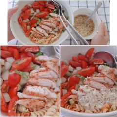 A picture of Pasta chicken salad with Italian dressing sauce.