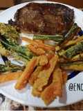 Entrecôte con verduras en tempura