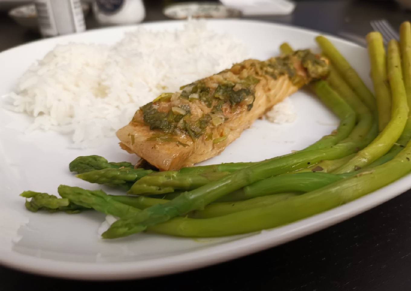 Steamed Salmon in sweet sauce