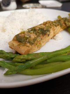 A picture of Steamed Salmon in sweet sauce.