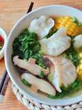 Vegetable and Mushroom Dumpling Soup