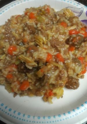 A picture of Creamy Boiled Beef with Tater Chips and Rice.