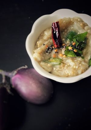A picture of Brinjal chutney/ bhaji.