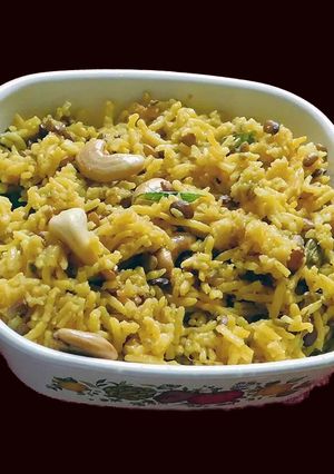 A picture of Kollu pulao (Horse gram pulao).
